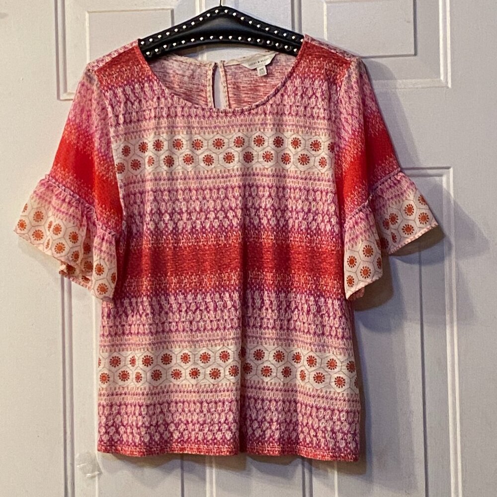 Lucky Brand Sz M Knit Blouse Short Bell Sleeve Red/White Ornament - Picture 1 of 10